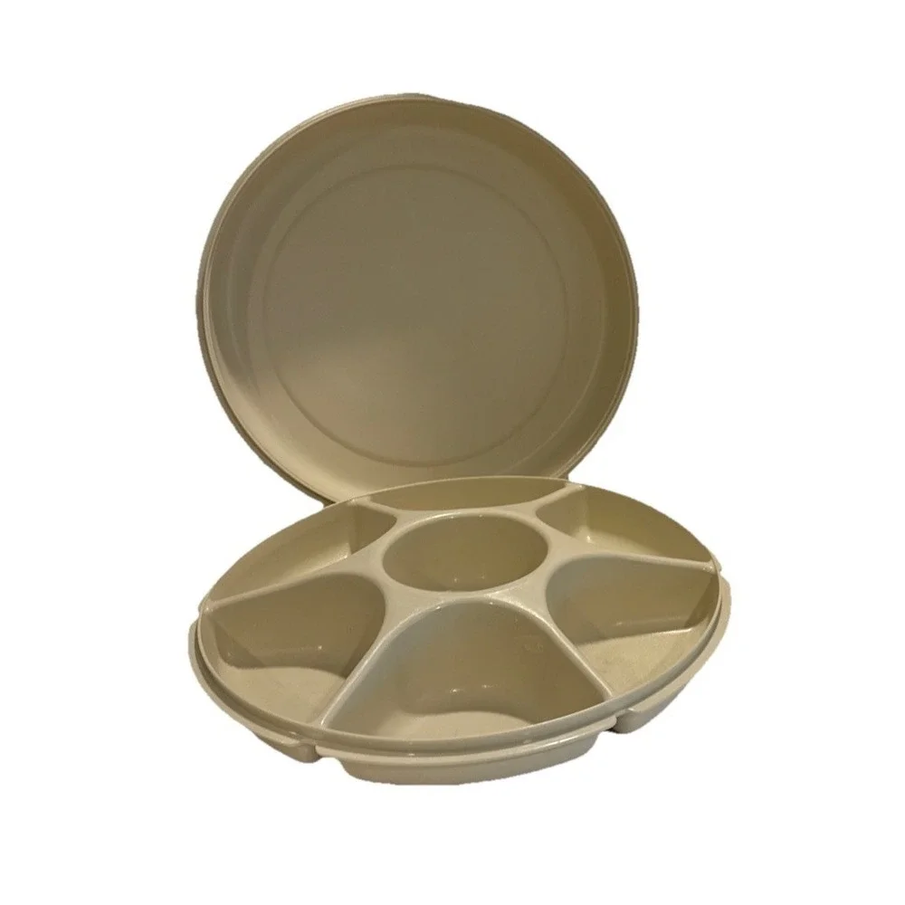 Vtg Tupperware‎ Large Divided Veggie Party Dip Tray Complete 2 Set Almond/Beige